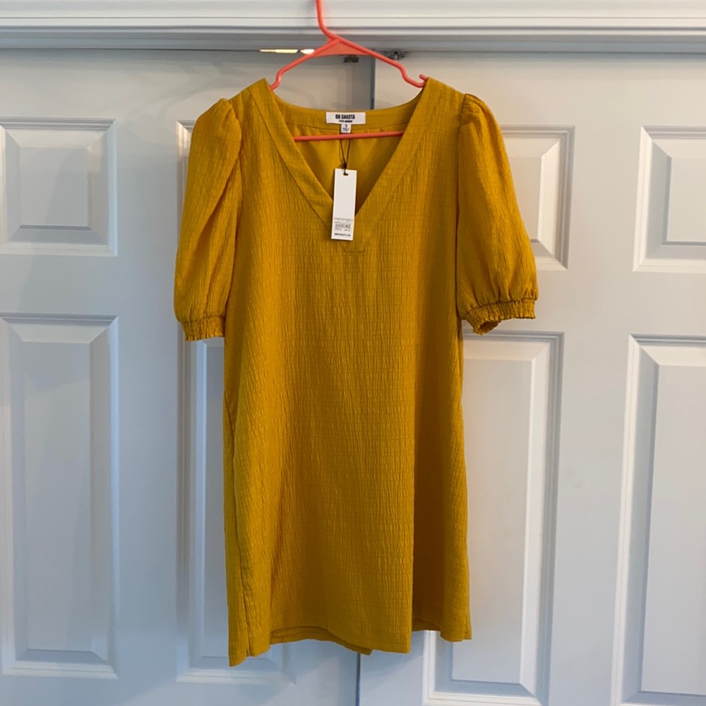 NWT BB Dakota by Tuckernuck gold mini dress, puff sleeves.